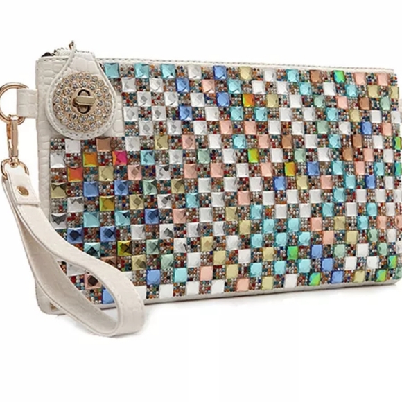 Colorful Jewel Studded Oversized Multi Funtional Clutch -White - Picture 10 of 16
